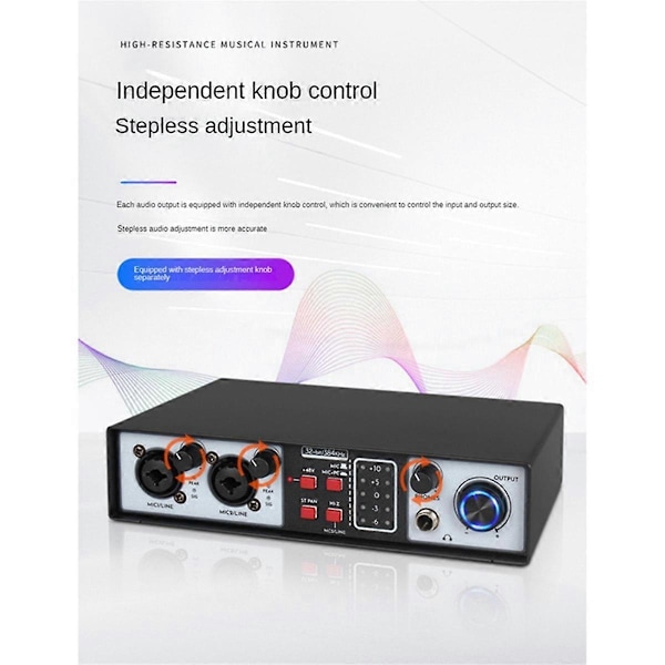 2 in 2 ut USB Ljudkort 32Bit/384KHZ Studio Kit Inspelning Professionellt Ljudkort 48V Fantommatning