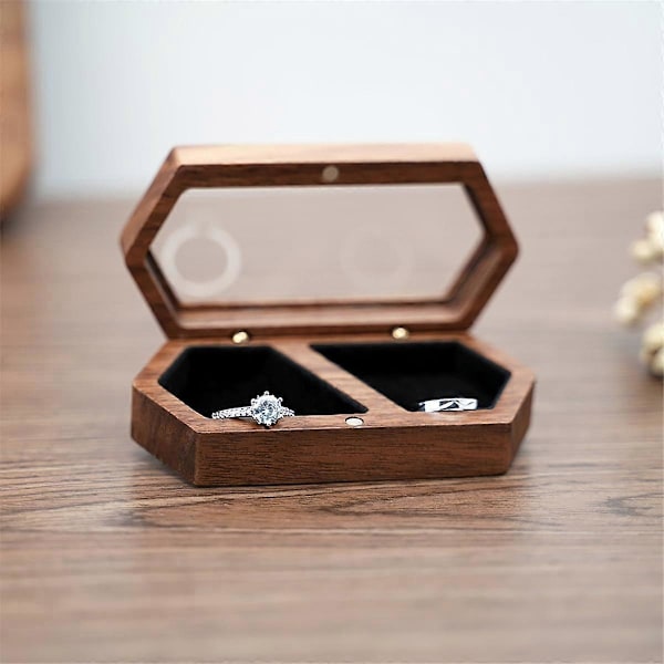 Trä Ringbox 2 Fack Ringhållare Box Rese Ring Örhängen Smyckesförvaring Daglig Organizer Förlovning Bröllop Ringbox C