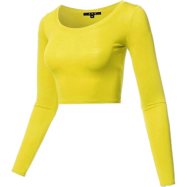 Basic, ensfarget, elastisk crop top med rund hals og lange ermer for kvinner Rayon - Yellow Medium