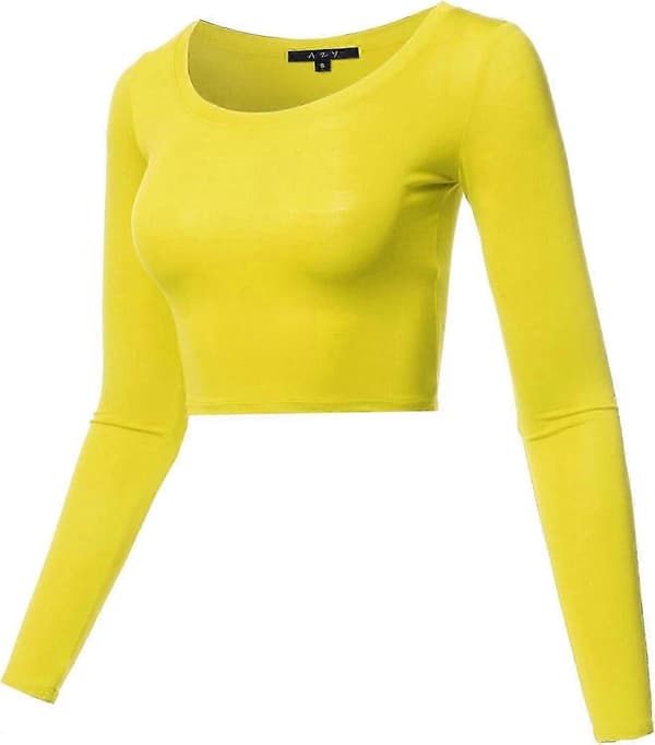 Basic, ensfarget, elastisk crop top med rund hals og lange ermer for kvinner Rayon - Yellow Small