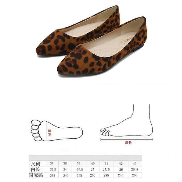 Moderigtige leopard sko, flade sko, spidse sko, fritidssko til kvinder (Brun leopard, størrelse 43)