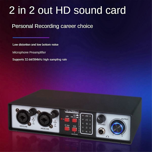 2 in 2 ut USB Ljudkort 32Bit/384KHZ Studio Kit Inspelning Professionellt Ljudkort 48V Fantommatning