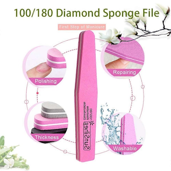 Nagelbuffer Block Fil Svamp Tvättbar Dubbelsidig 100/180 Akryl Nagelpoleringsfil - Rosa
