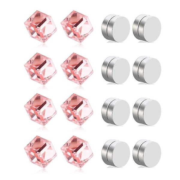 4 par vattenkubmagnet färg diamant vit sten kristall örhängen utan hål - Rosa