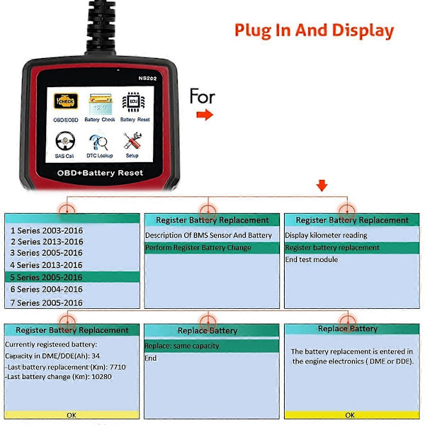 NS202 Batteriregistreringsverktyg+OBD/EOBD-diagnostik Stöder 10 OBD/EOBD-testlägen för , , MINI,