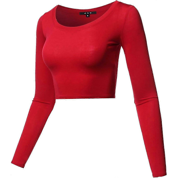 Basic, ensfarget, elastisk crop top med rund hals og lange ermer for kvinner Rayon - Red Medium