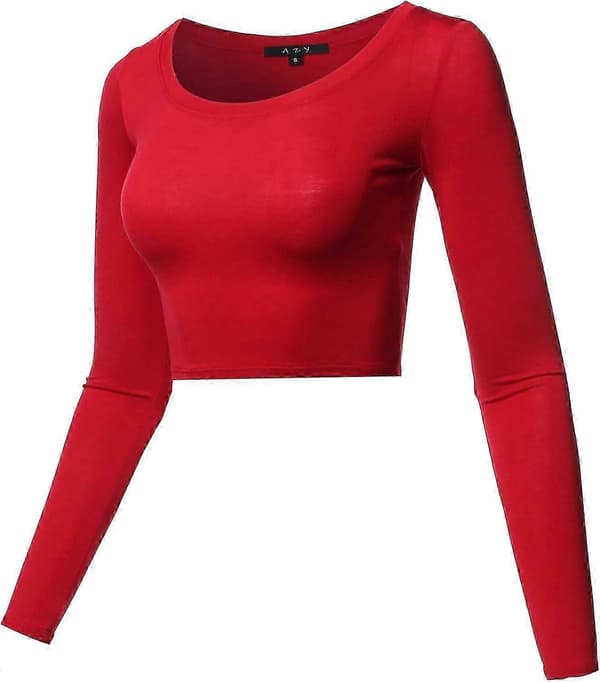 Basic ensfarvet stretch top med rund hals og lange ærmer til kvinder Rayon - Red Large