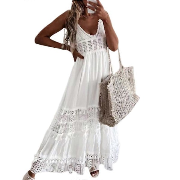 Strandklänning Utskuren Spets Sommar V-ringad Lång Klänning för Fest White 2XL