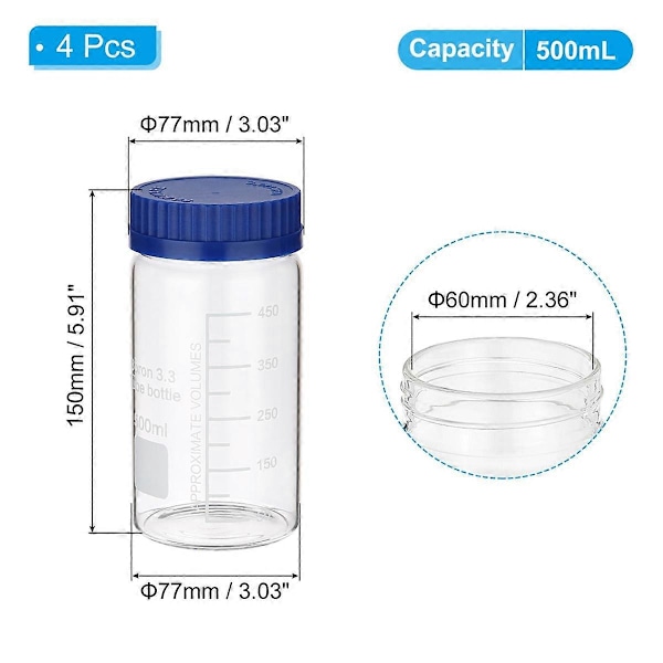 4-pack 500 ml Borosilikatglas Bredhalsade Graderade Runda Flaskor