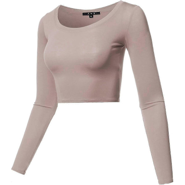 Basic, ensfarget, elastisk crop top med rund hals og lange ermer for kvinner Rayon - Mocha Medium