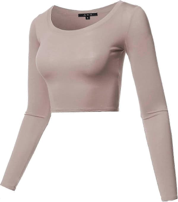 Basic ensfarvet stretch top med rund hals og lange ærmer til kvinder Rayon - Mocha Small