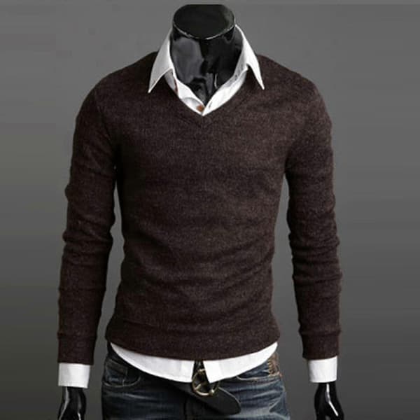 Herre Ensfarvet V-hals Striktrøje Pullover Brown M
