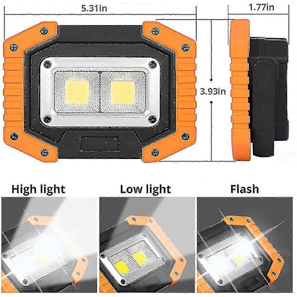 Led Arbetslampa. Uppladdningsbar Strålkastare Cob Bärbar 30w 2000lumen Med 3