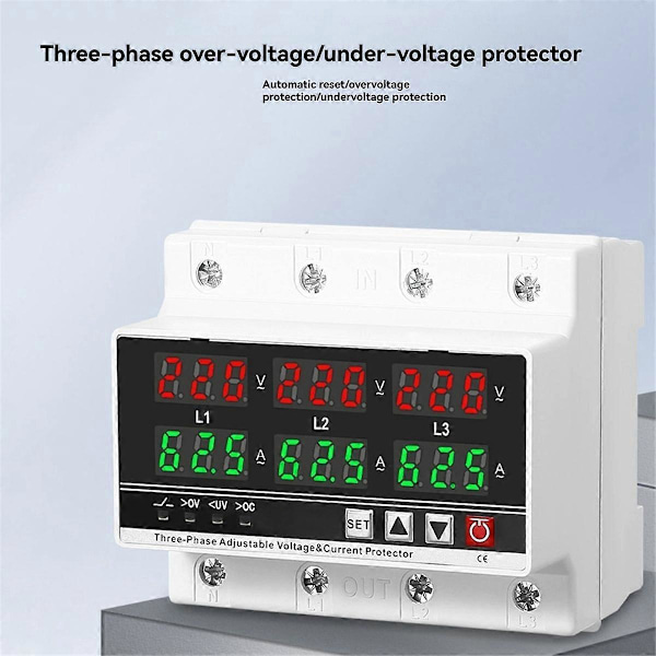 3-fas Justerbart Över- och Underspänningsskydd Voltmeter Amperemeter Monitor 3P4W Din-skena Strömgräns Skydd 100A