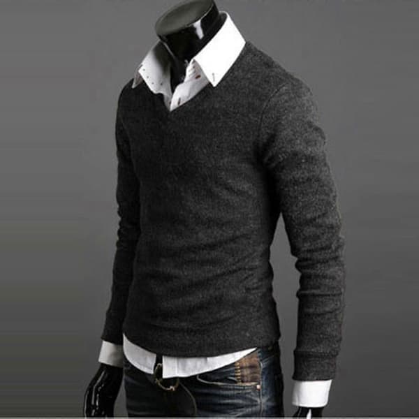 Herrtröja enfärgad V-ringad stickad tröja Dark Gray 2XL