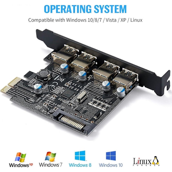 Usb3.0 4-Port Expansionskort Pci-E Till Usb 3.0 Typ-A Expansionskort Med 15-Pin Sata Strömkontakt