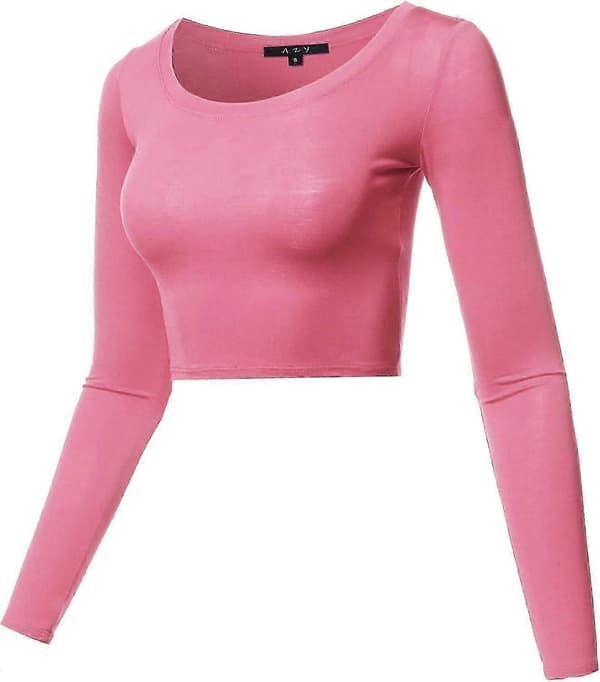 Basic ensfarvet stretch top med rund hals og lange ærmer til kvinder Rayon - Coral Medium