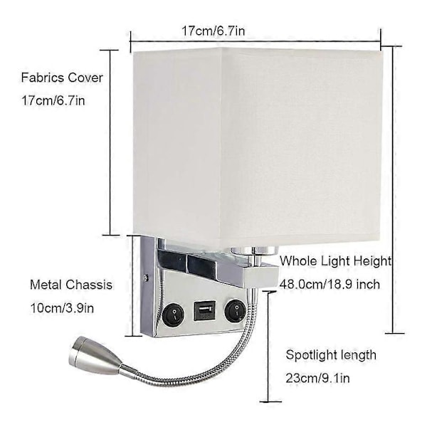 LED Vägglampa Sänglampa Sovrum Applikation med Strömbrytare USB (Utan Glödlampor)