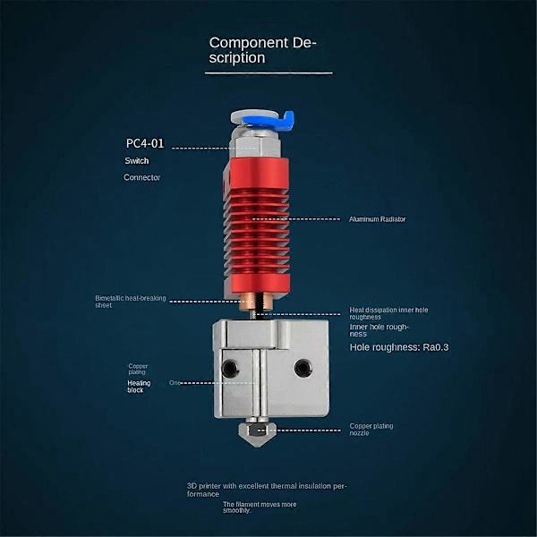 För Ender5/Ender3/V2/CR10 Hotend Kit Värmeblock Bi-Metall Hals, B
