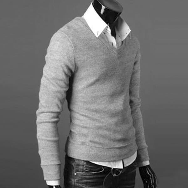 Herre Ensfarget V-hals Strikket Genser Light Gray XL