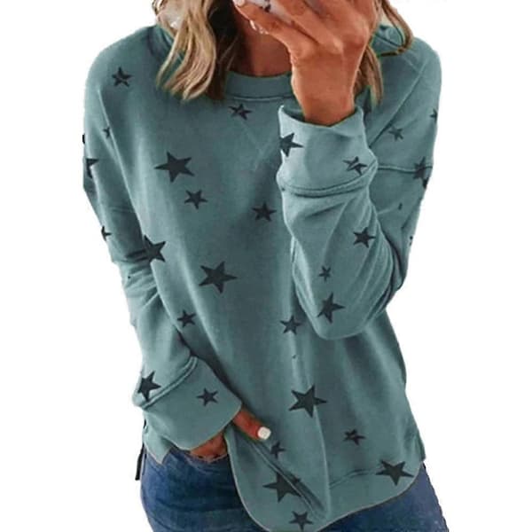 Plus Size Dame Toppe Stjerne Print Langærmet Pullover Casual T-shirts Lake Blue S
