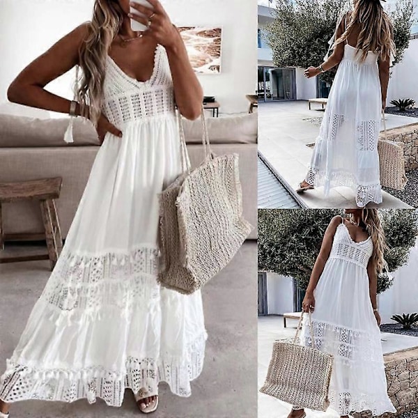 Strandklänning Utskuren Spets Sommar V-ringad Lång Klänning för Fest Apricot 2XL