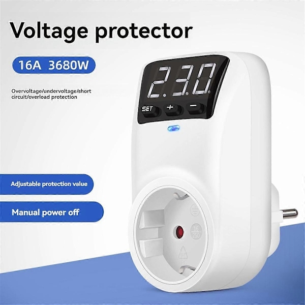 LED-display Spänningsskydd Uttag AC 230V Justerbart 16A Strömskydd Uttag med Automatisk Återställningsfunktion EU-kontakt