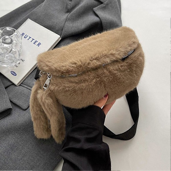 Dambälte Midjeväska Mångsidig Fluffig Crossbody-väska Höst Vinter Handväska (Khaki)