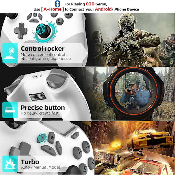 Bluetooth-handkontroll för Switch/PC/iPhone/Android/Apple Arcade MFi-spel/TV/Steam, Pro trådlös spelkontroll (Vit)
