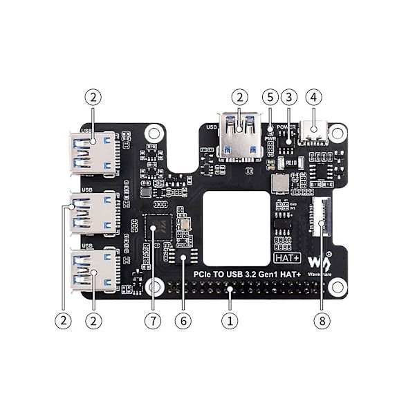 PCIe till USB 3.2 Gen1 HAT+Expansionskort för 5 PCIe till USB HUB 4 Höghastighets USB Drivrutinsfri Plug a