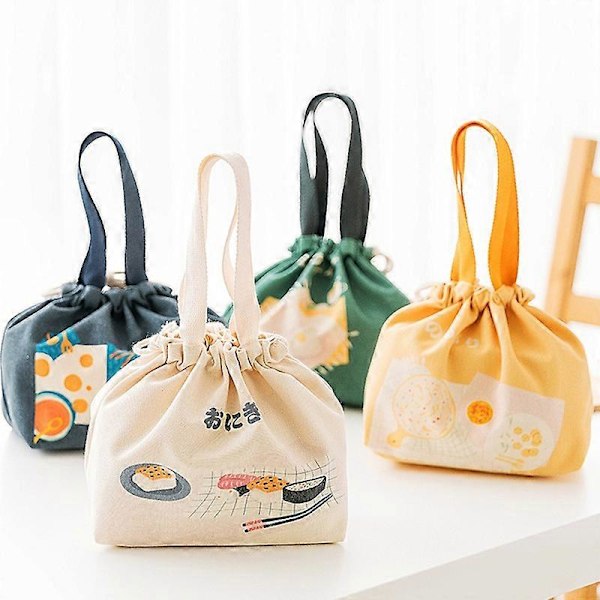 Portabel Lunchväska Bento Tote Bag i Japansk Stil av Tjock Canvas med Stor Kapacitet White A