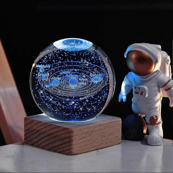3D Krystallkule Nattlys Dekorlampe Gravert Solsystem Glasskule Modell Dekor Astronomigave Til Barn Moon 6cm