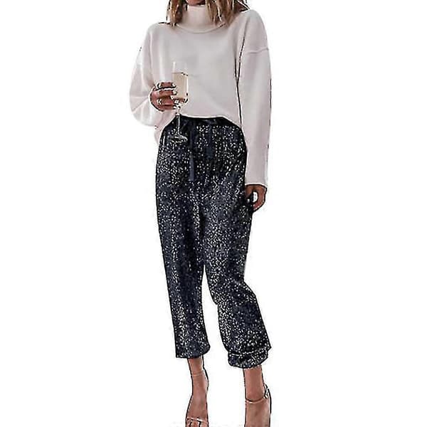 Glitter Sequin Joggebukser til Dame Høy Midje Elastisk Glitrende Bukser black L