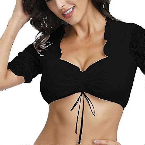 Elegant Dirndl Bluse til Kvinder, Sort Dirndl Bluse, Blondebluse til Oktoberfest Black L
