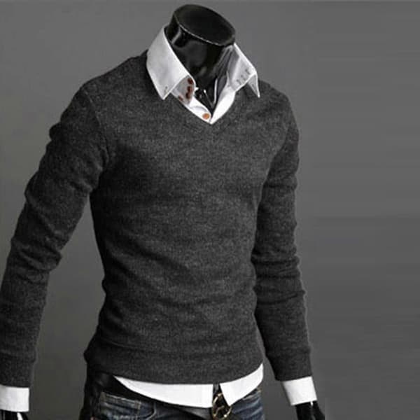 Herre Ensfarvet V-hals Striktrøje Pullover Dark Gray XL