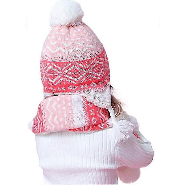 Stickad halsduk, mössa, handskar och sammetsfoder vinterset för flickor (small) pink SIZE 1