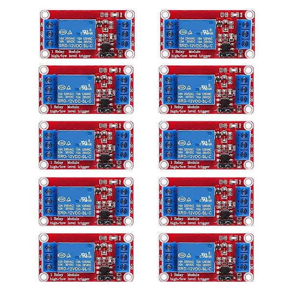 10st Relämodul DC 12V Reläkort 1 Kanal med Optokopplare