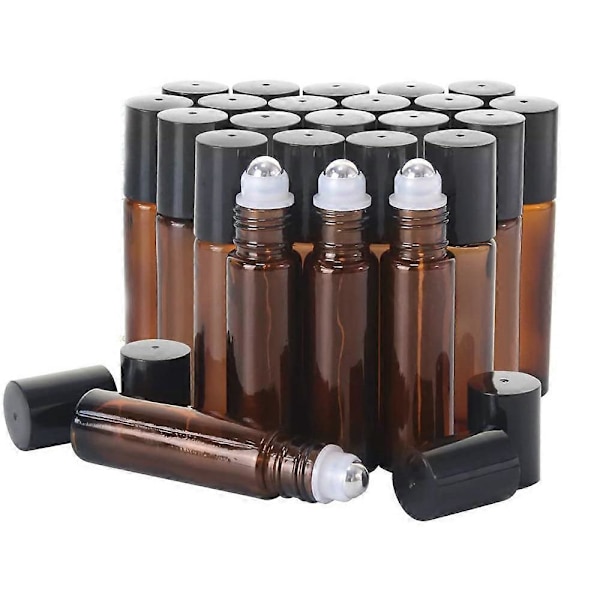 24 st 10 ml Rollerflaskor för eteriska oljor - Amber, glas med rullkulor i rostfritt stål (3 extra rullkulor, 54 etiketter, öppnare, tratt, D