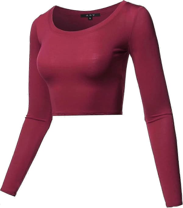 Basic, ensfarget, elastisk crop top med rund hals og lange ermer for kvinner Rayon - Burgundy X-Small