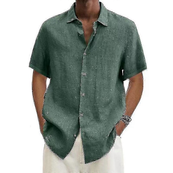2025 Bomulls- och linneblus Sommar Herr Nedvikt Krage Kortärmad Knapp Lös Blus Toppar Oversized S-5xl green XL
