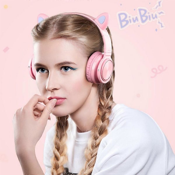 Bluetooth Hörlurar Kattöron LED Trådlösa Vikbara Over Ear Hörlurar - Vit