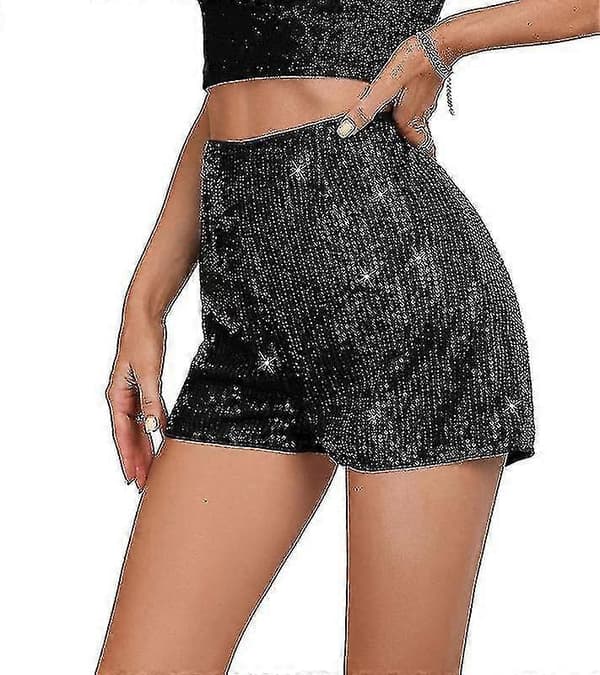 Dame Paljetter Høy Elastisk Midje Rett Ben Shorts Solid Glitter Party Shorts Black 3XL