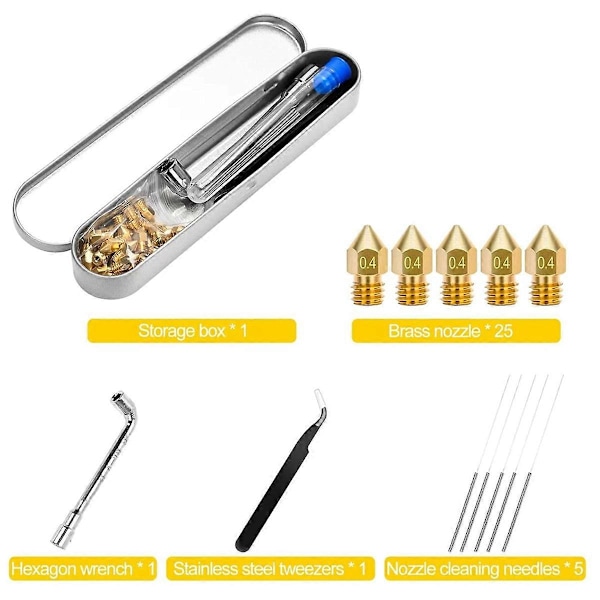 25 stk. MK8 dyser 0,4 mm, 3D-printer messingdyser, 3 dyse