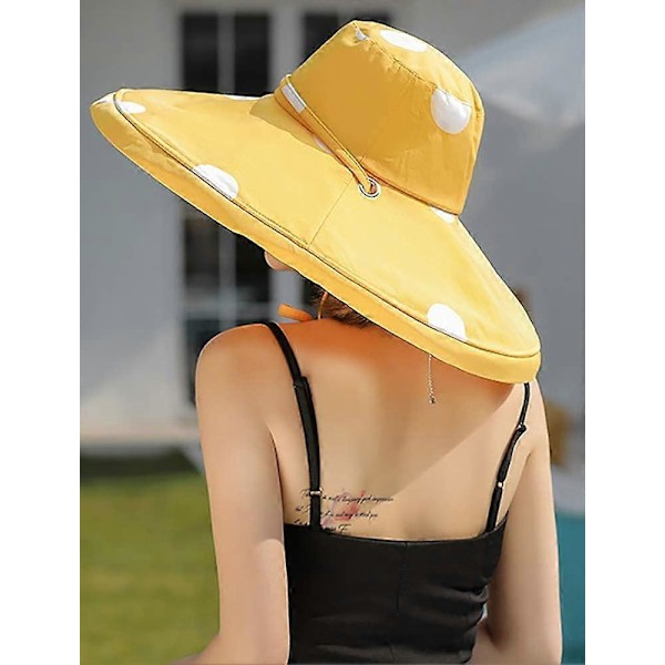 Solhatt för damer med bred brätte Upf 50+ Sommarhatt Vikbar Floppy Strandhatt För Kvinnor - Prickig Gul