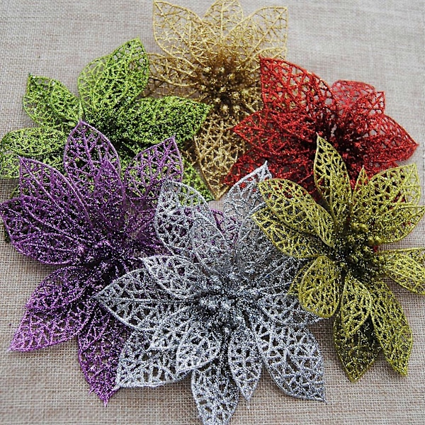 10 st Små Julstjärna Ihåliga Simuleringsblommor Konstgjorda Blommor Konstgjorda Glitterblommor