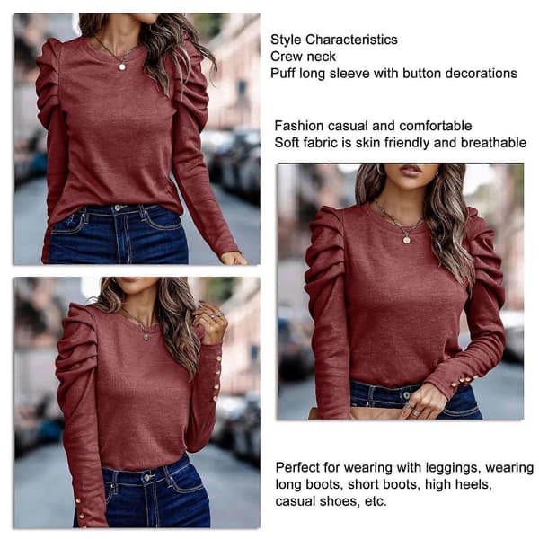 Dame Puff Langermet Topp Rund Hals Knappdekorasjon Løs Passform Casual Pullover Bluse Vinrød XL