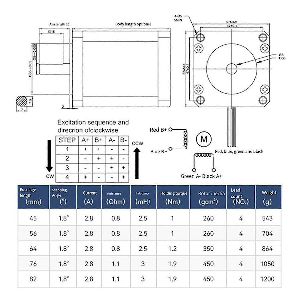 57 Stepper Motor 1.2N 45mm 2.8A 2 Faser 4 Ledning til 3D Printer DIY Graveringsmaskine Motor 57 Stepper Motor