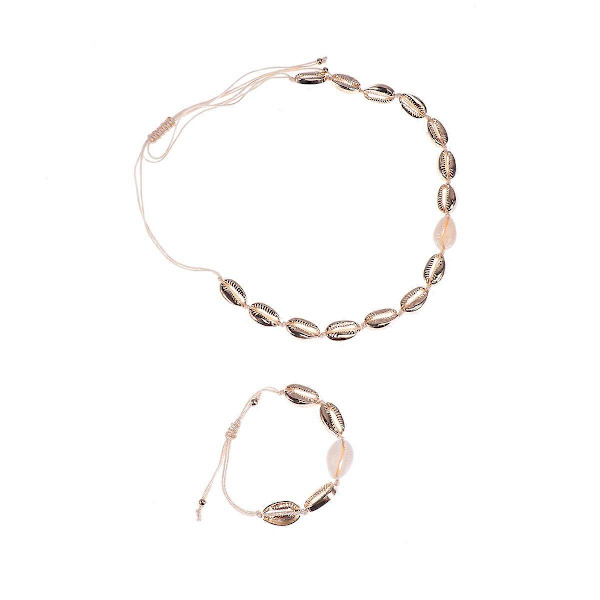 2 stk. Shell Choker Armbånd Sæt Justerbar Seashell Strand Snor Halskæde Armbånd Legering Smykker Ornamenter til Kvinder Pige Gylden