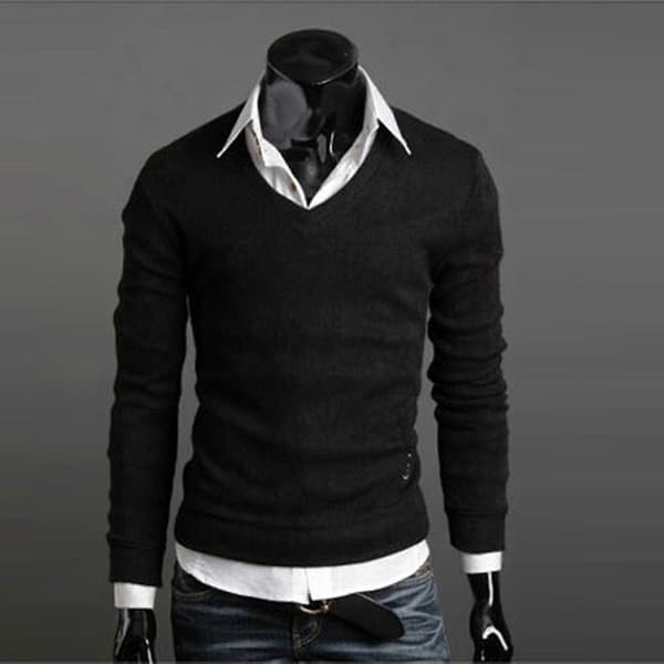 Herre Ensfarvet V-hals Striktrøje Pullover Black 2XL
