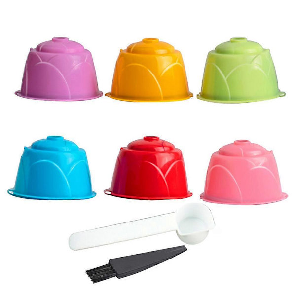 Kaffebryggarkit Återanvändbar Kaffekapsel Kaffepress Filterkopp Kompatibel för Dolce Kaffemaskin (Slumpmässig Färg, 6st Kaffekapsel + 1st Sked +